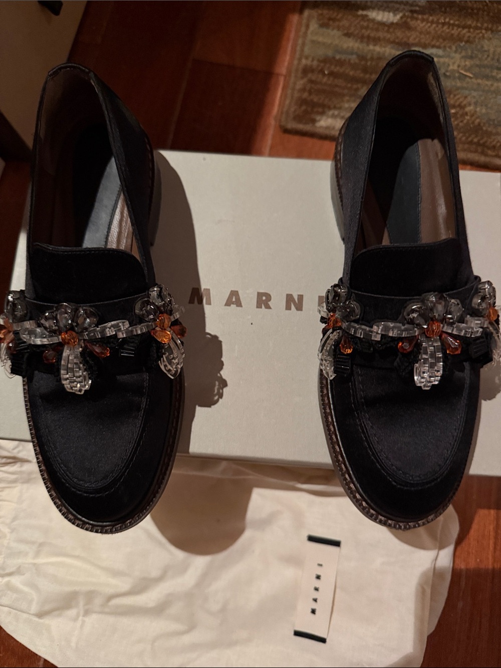 Marni Black Satin Loafers with Crystal and Amber Bead Trim